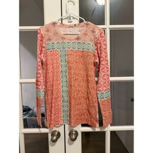 Whimsy Rose Womens L Long Sleeve Boho Top Pink Orange Patchwork Print Lightweigh